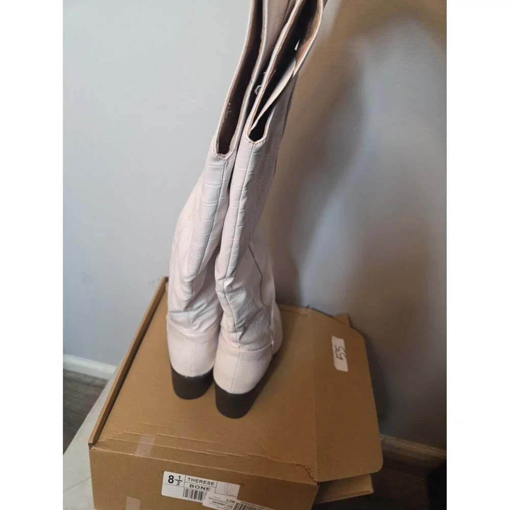 Journee Collection Therese knee-high boots in bone croc faux leather, 8.5 NIB